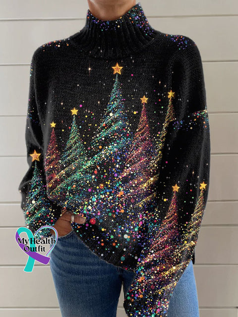 Glitter Christmas Print Knit Turtleneck Pullover Sweater Multicolor / S