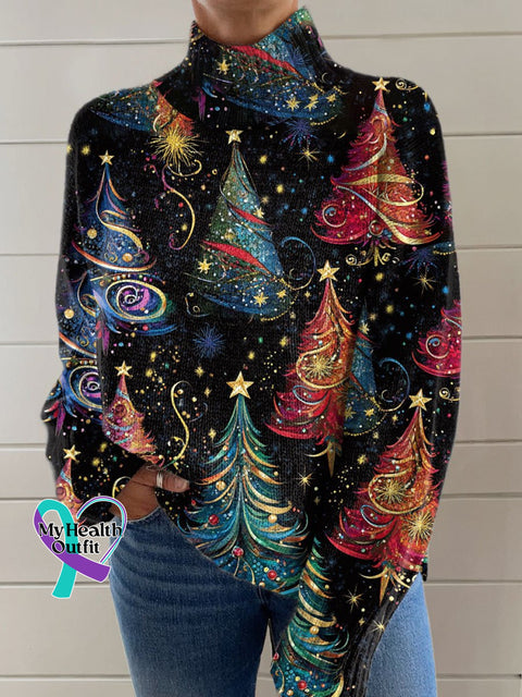 Glitter Christmas Print Knit Turtleneck Pullover Sweater Multicolor / S