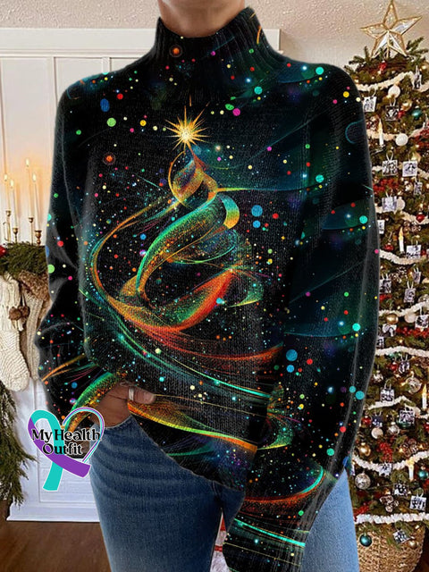 Glitter Christmas Print Knit Turtleneck Pullover Sweater Multicolor / S