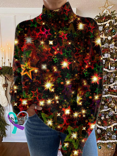 Glitter Christmas Print Knit Turtleneck Pullover Sweater Multicolor / S