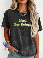 God Our Refuge Pattern Art Print Retro Distressed Washed Cotton T-shirt Black / S