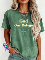 God Our Refuge Pattern Art Print Retro Distressed Washed Cotton T-shirt Green / S