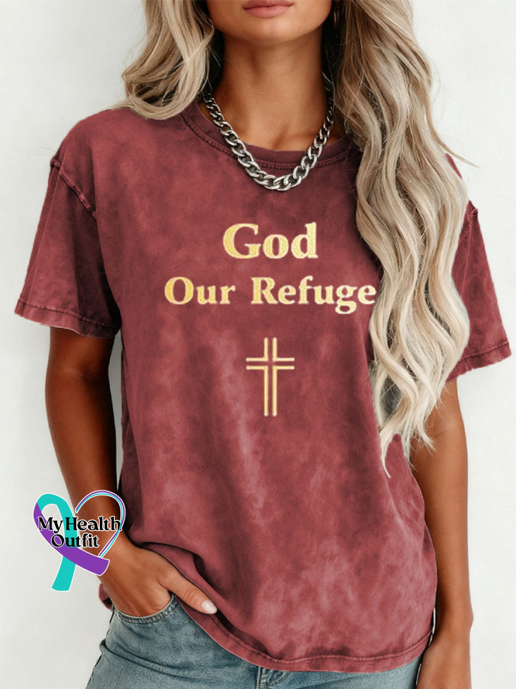 God Our Refuge Pattern Art Print Retro Distressed Washed Cotton T-shirt Red / S