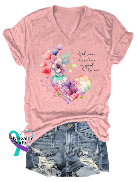 God You Have Been So Good To Me Printed Casual V-Neck Short Sleeve T-Shirt Pink / S