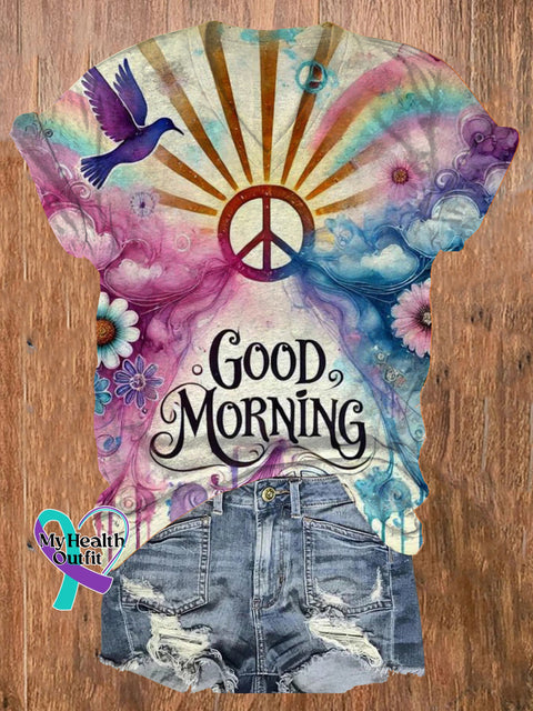 Good Morning Peaceful Sunshine Birds and Flowers Printed Casual V-neck Short-sleeved T-shirt Multicolor / S