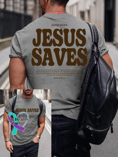 Good News Jesus Saves John 3:16-17 Verse Religious Outfit Church Christian Print T-Shirt Grey / S
