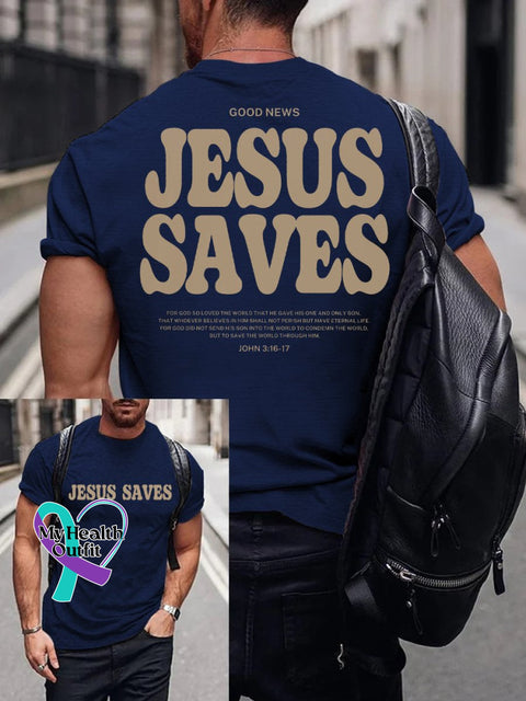 Good News Jesus Saves John 3:16-17 Verse Religious Outfit Church Christian Print T-Shirt Navyblue /