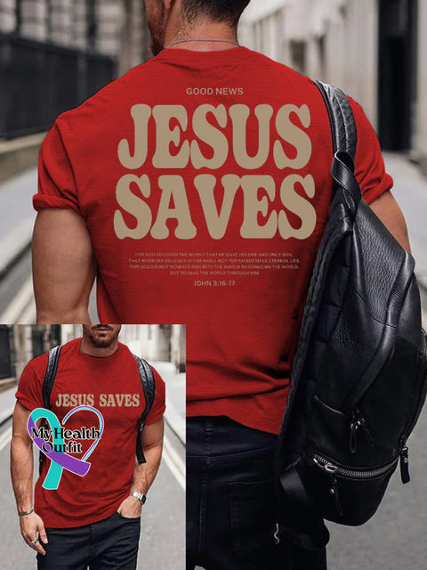 Good News Jesus Saves John 3:16-17 Verse Religious Outfit Church Christian Print T-Shirt Red / S