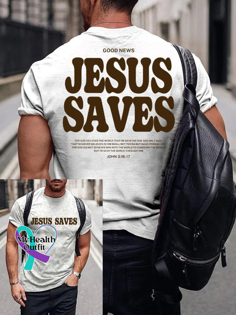 Good News Jesus Saves John 3:16-17 Verse Religious Outfit Church Christian Print T-Shirt White / S