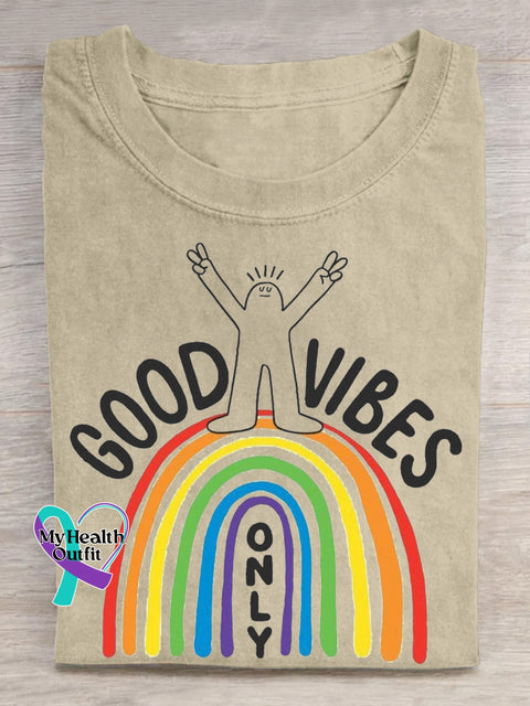 Good Vibes Rainbow Print Casual Crew Neck Short Sleeve T-Shirt Beige / S