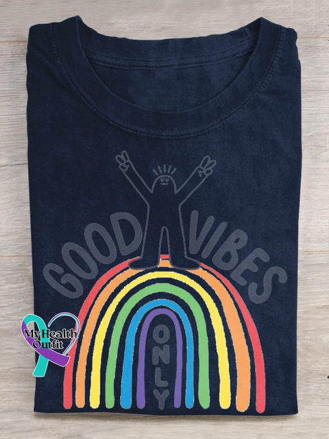 Good Vibes Rainbow Print Casual Crew Neck Short Sleeve T-Shirt NavyBlue / S