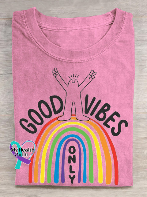 Good Vibes Rainbow Print Casual Crew Neck Short Sleeve T-Shirt Pink / S
