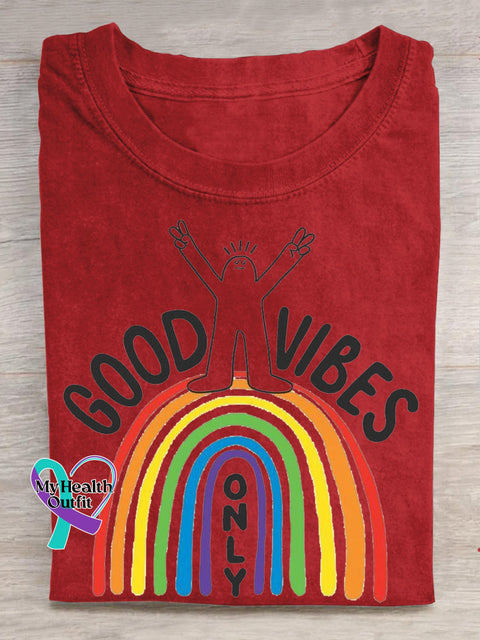 Good Vibes Rainbow Print Casual Crew Neck Short Sleeve T-Shirt Red / S