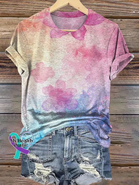 Gradient Blended Floral Print Casual Crew Neck Short Sleeve T-Shirt Multicolor / S