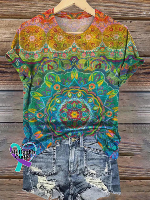 Gradient Bohemian Floral Print Casual Round Neck Short Sleeve T-Shirt Multicolor / S