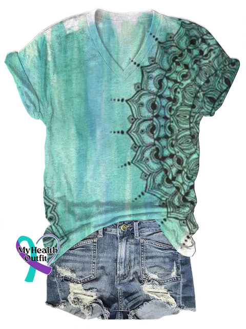 Gradient Bohemian Floral V-Neck Casual Short Sleeve T-Shirt Multicolor / S