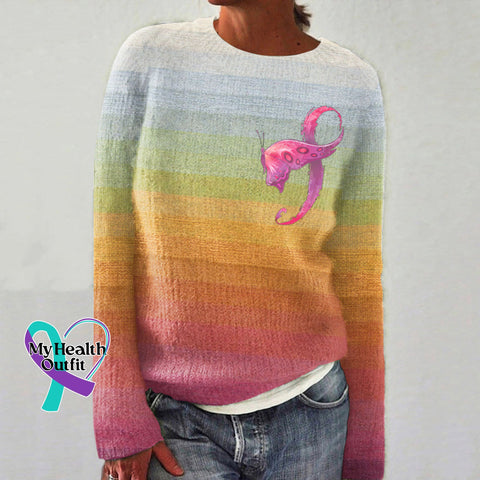 Gradient Butterfly Tape Knitted Print Women’s Sweater Pink / S