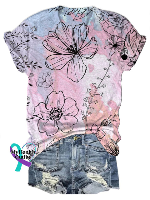 Gradient Floral Print V-Neck Casual Short Sleeve T-Shirt Multicolor / S