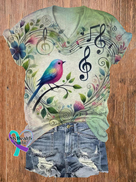 Gradient Heart-Shaped Bird Music Note Healing Print Casual V-Neck Short-Sleeve T-Shirt Multicolor / S