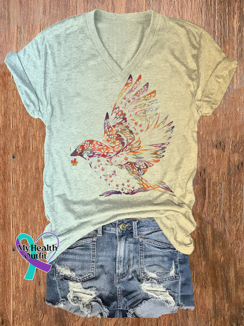 Gradient Openwork Art Sparrow Print Casual V-neck Short-sleeved T-shirt Multicolor / S