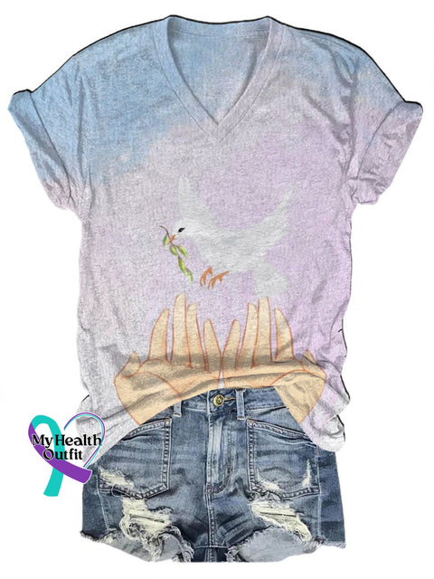 Gradient Peace Dove Print Casual V-Neck Short Sleeve T-Shirt Multicolor / S
