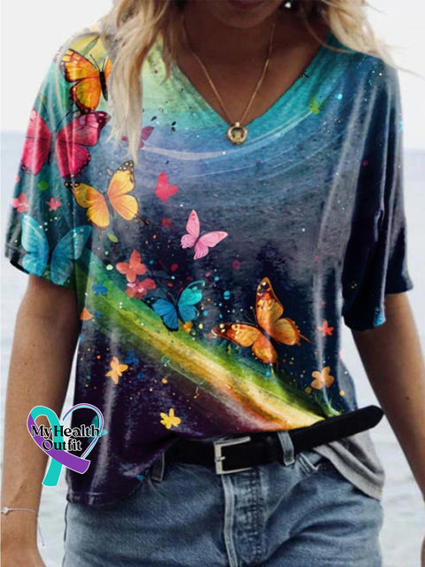 Gradient Rainbow Butterfly Print Casual V-Neck Short Sleeve T-Shirt Multicolor / S