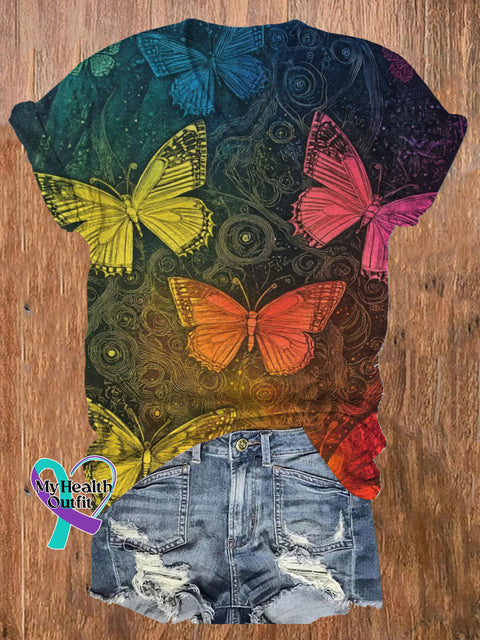 Gradient Retro Butterfly Print Casual V-neck Short Sleeve T-shirt Multicolor / S