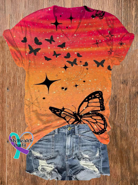Gradient Retro Butterfly Star Print Casual V-neck Short Sleeve T-shirt Multicolor / S