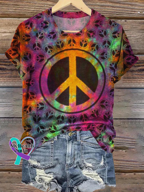 Gradient Tie-Dye Peace Symbol Print Casual Round Neck Short Sleeve T-Shirt Multicolor / S