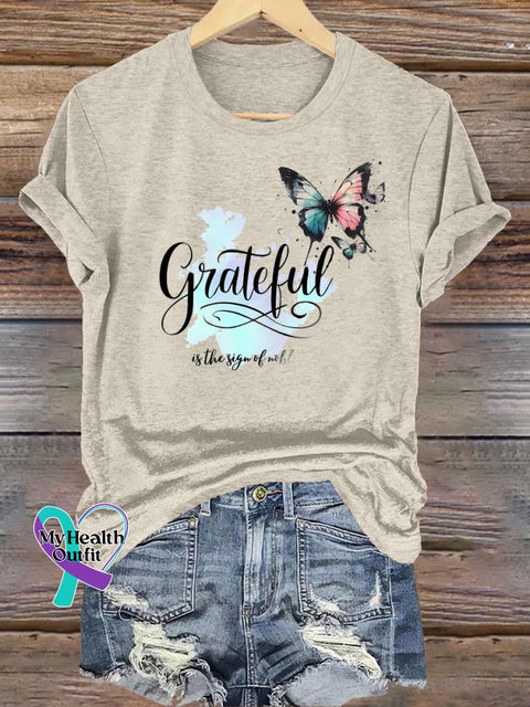 Greatful Butterfly Print Casual Round Neck Short Sleeve T-Shirt Beige / S