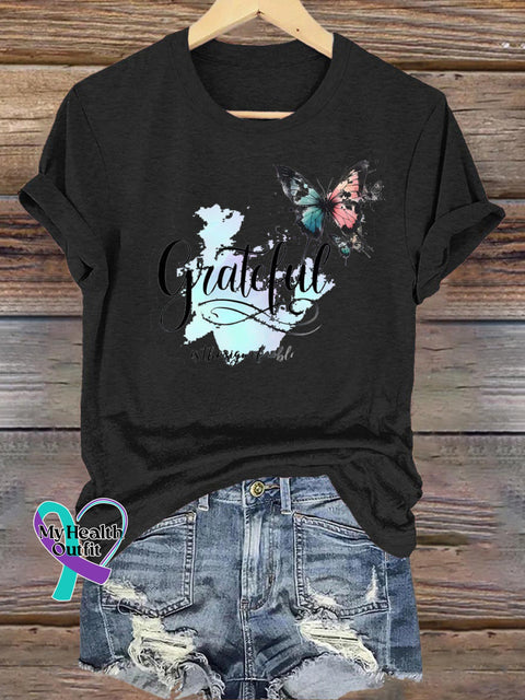 Greatful Butterfly Print Casual Round Neck Short Sleeve T-Shirt Black / S