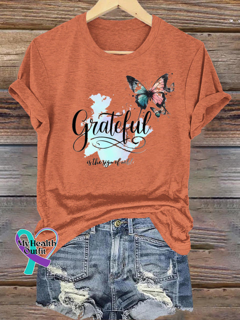 Greatful Butterfly Print Casual Round Neck Short Sleeve T-Shirt Orange / S