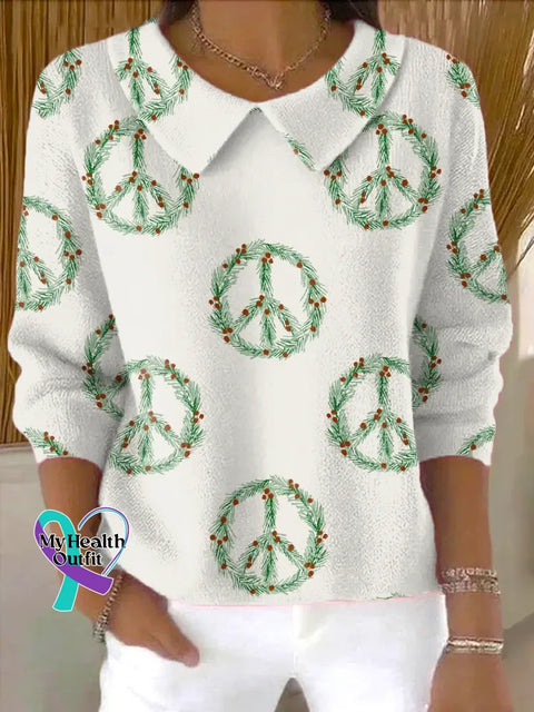 Green Peace Sign Casual Peter Pan Collar 3/4 Sleeve Sweater Multicolor / S