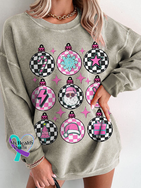 Groovy Christmas Pink Checkered Women’s Casual Print Corduroy Sweatshirt Brown / S