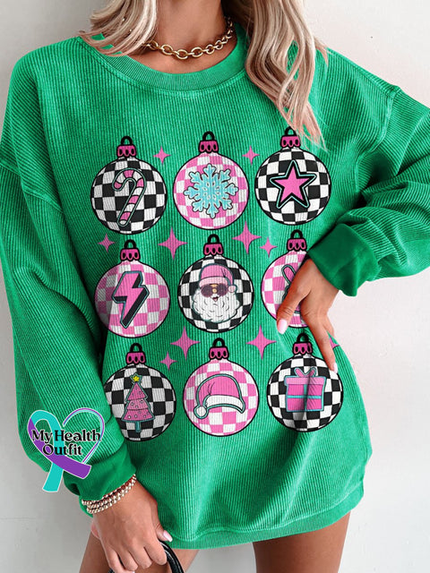 Groovy Christmas Pink Checkered Women’s Casual Print Corduroy Sweatshirt Green / S