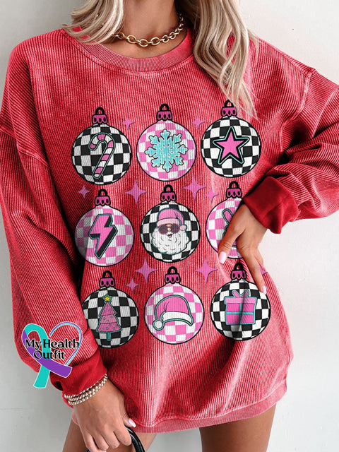 Groovy Christmas Pink Checkered Women’s Casual Print Corduroy Sweatshirt Red / S