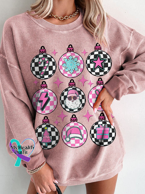 Groovy Christmas Pink Checkered Women’s Casual Print Corduroy Sweatshirt / S
