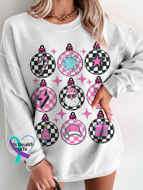 Groovy Christmas Pink Checkered Women’s Casual Print Corduroy Sweatshirt White / S
