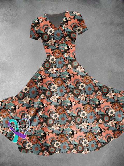 Groovy Retro Style Floral Seamless Repeat Pattern Printed Women’s Maxi Dress Multicolor / S