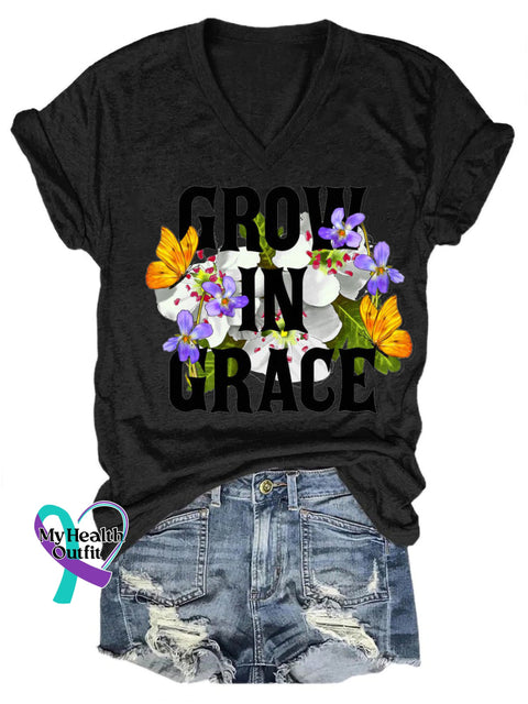 Grow In Grace Floral Print Casual V-Neck Short Sleeve T-Shirt Black / S