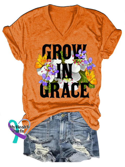 Grow In Grace Floral Print Casual V-Neck Short Sleeve T-Shirt Orange / S