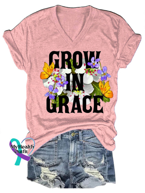 Grow In Grace Floral Print Casual V-Neck Short Sleeve T-Shirt Pink / S