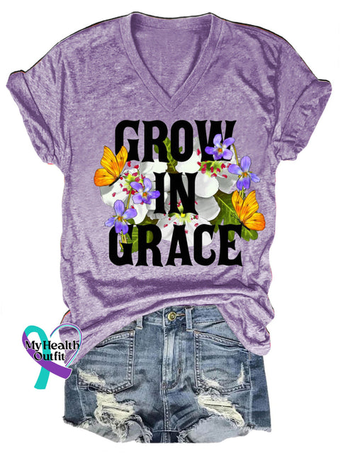 Grow In Grace Floral Print Casual V-Neck Short Sleeve T-Shirt Purple / S