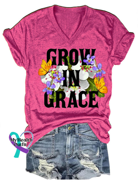 Grow In Grace Floral Print Casual V-Neck Short Sleeve T-Shirt RoseRed / S