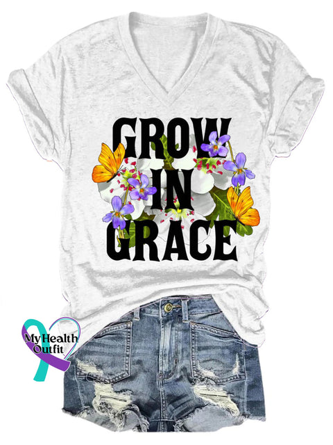 Grow In Grace Floral Print Casual V-Neck Short Sleeve T-Shirt White / S