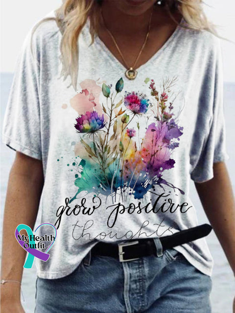 Grow Positive Thoughts Butterfly Print Casual V-Neck Short Sleeve T-Shirt Multicolor / S