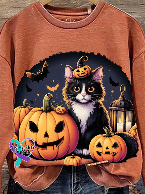 Halloween Cute Cat And Pumpkin Pattern Holiday Print Casual Sweatshirt