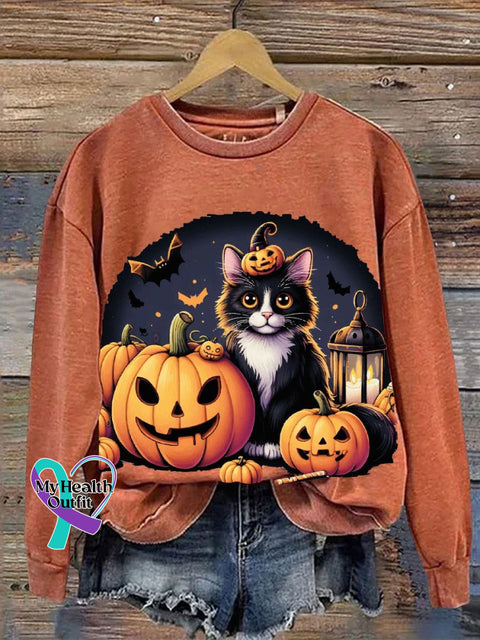 Halloween Cute Cat And Pumpkin Pattern Holiday Print Casual Sweatshirt Orange / S