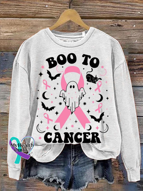 Halloween Ghost Boo To Cancer Breast Awareness Art Print Casual Sweatshirt White / S