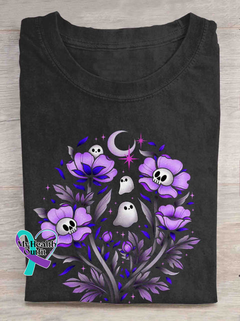 Halloween Ghost Flower Skull Print Retro Art T-Shirt Black / S